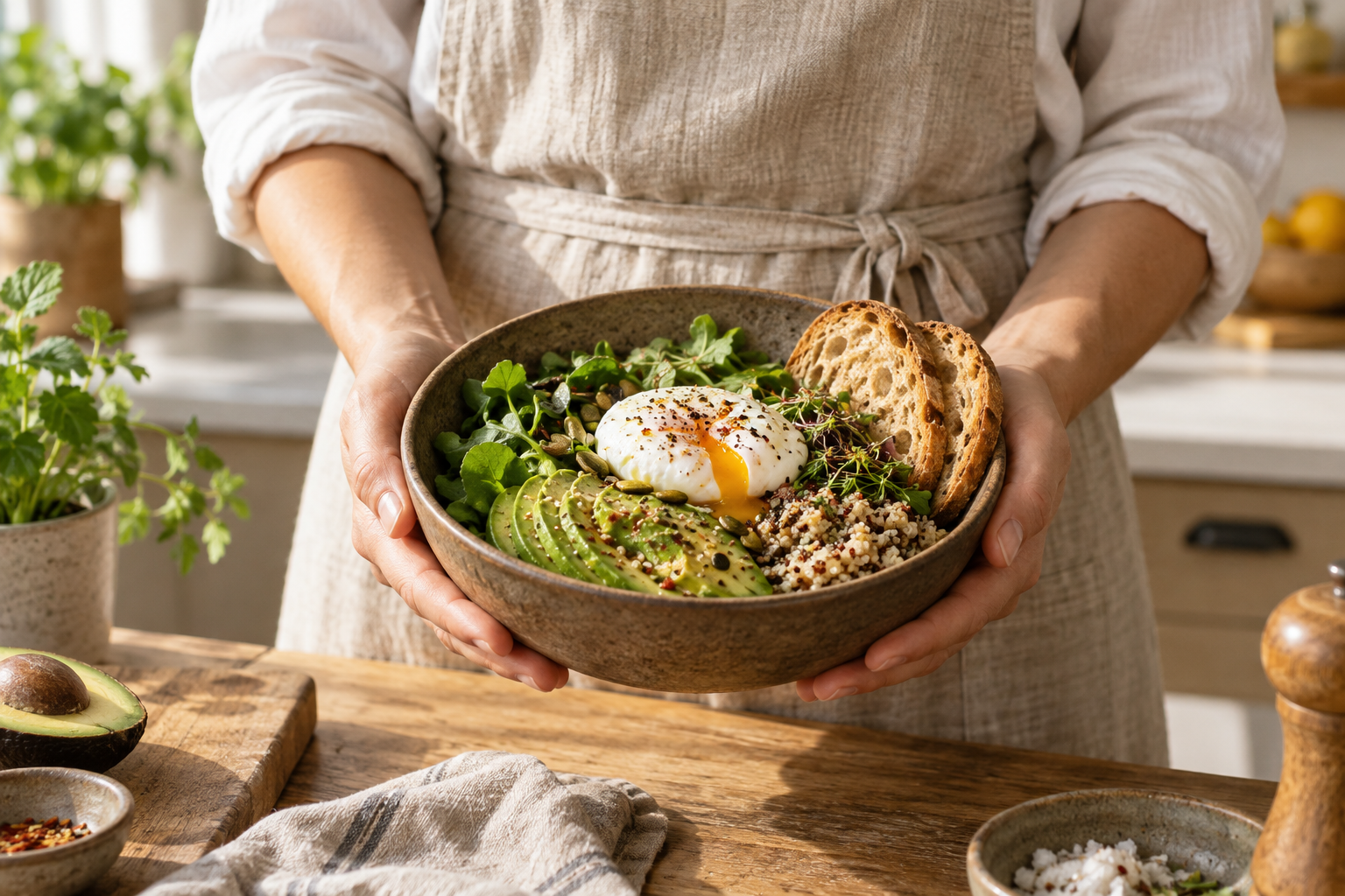 Poached egg, avocado and quinoa bowl