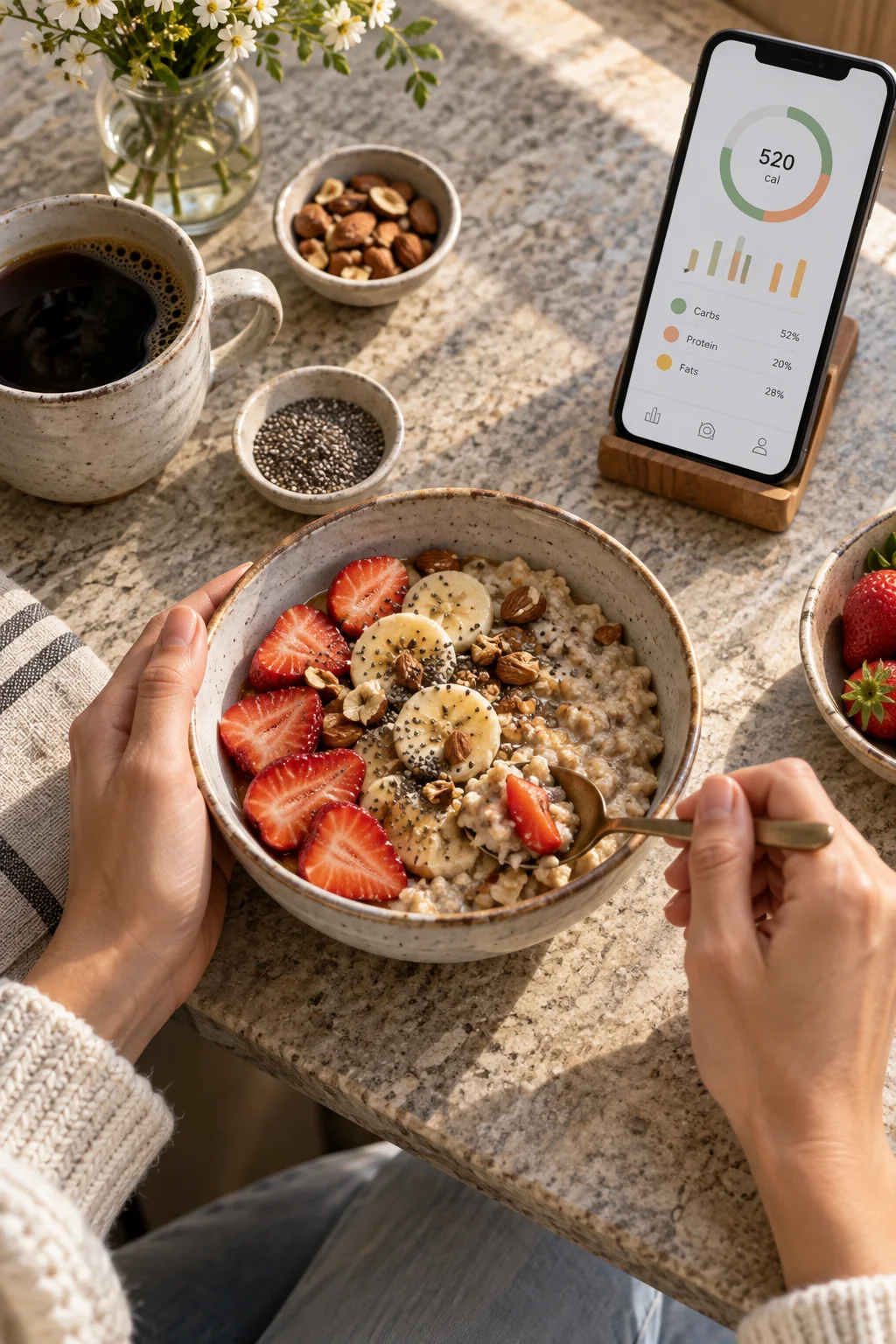 Breakfast on a warm, sunlit table