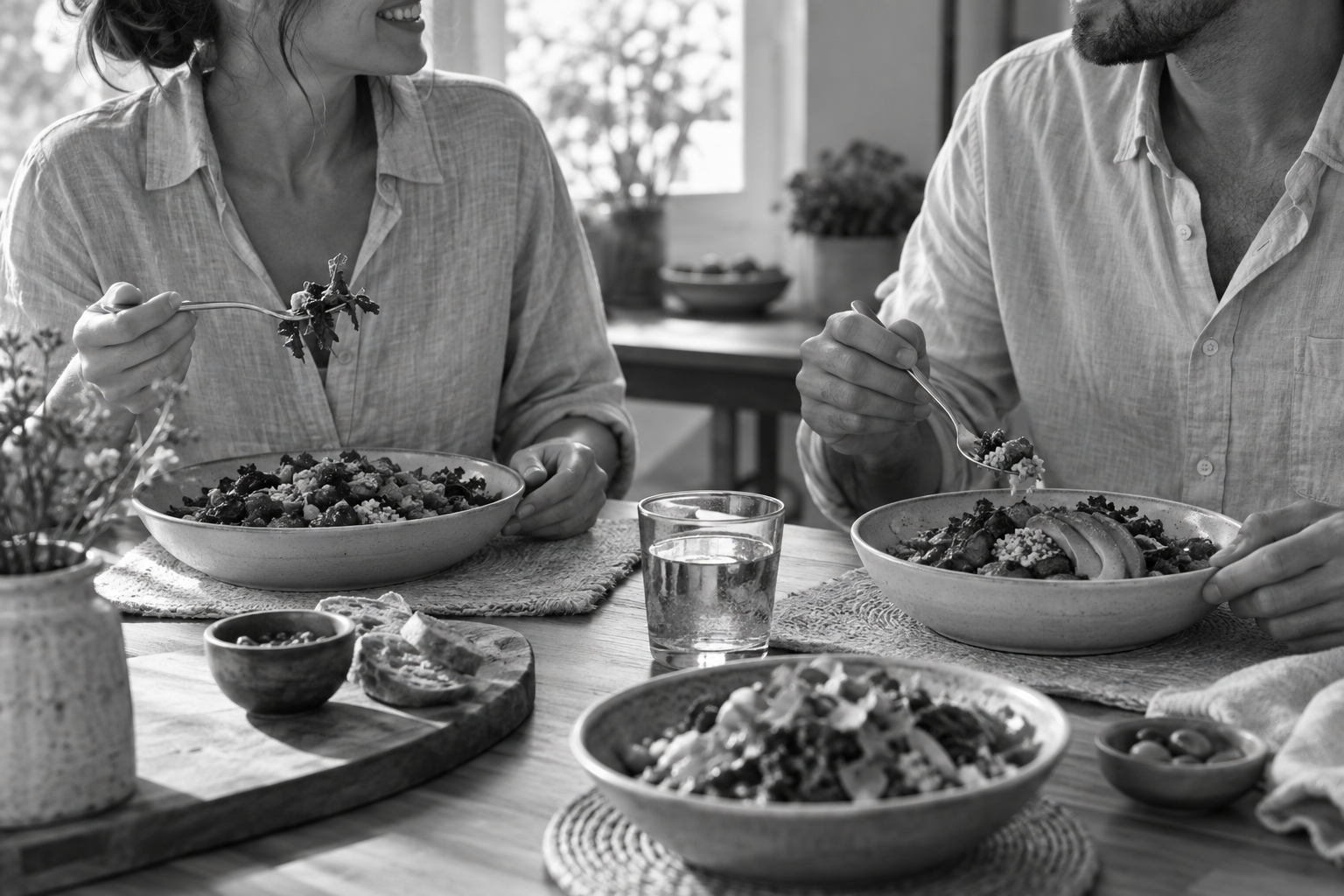 Two people enjoying a healthy meal