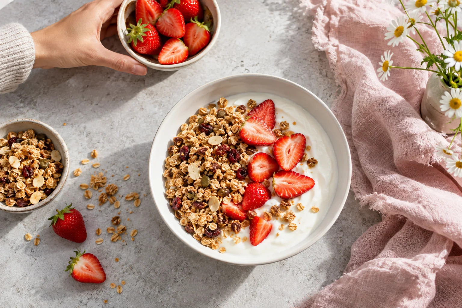 Strawberries and granola on a bowl of yogurt